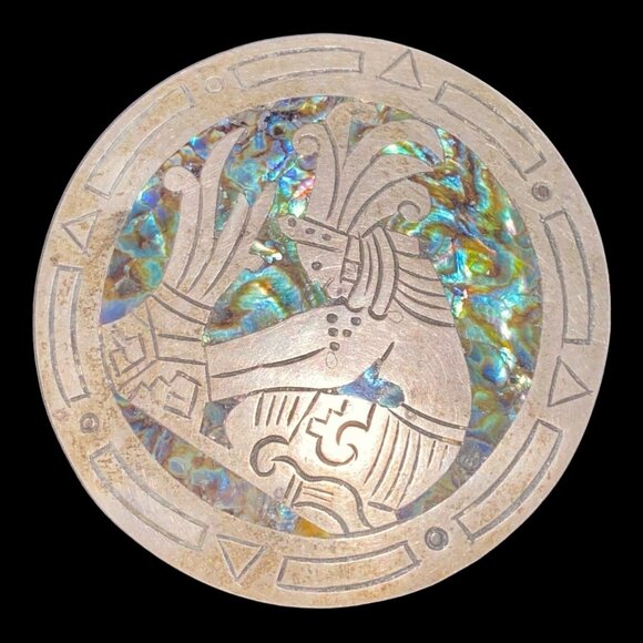 Brooch 2.5" Abalone Shell Mayan Design Sterling Silver 925 Mexico - Picture 2 of 11